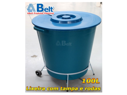 Lixeira plástica 100 litros azul com suporte e pedal e rodas